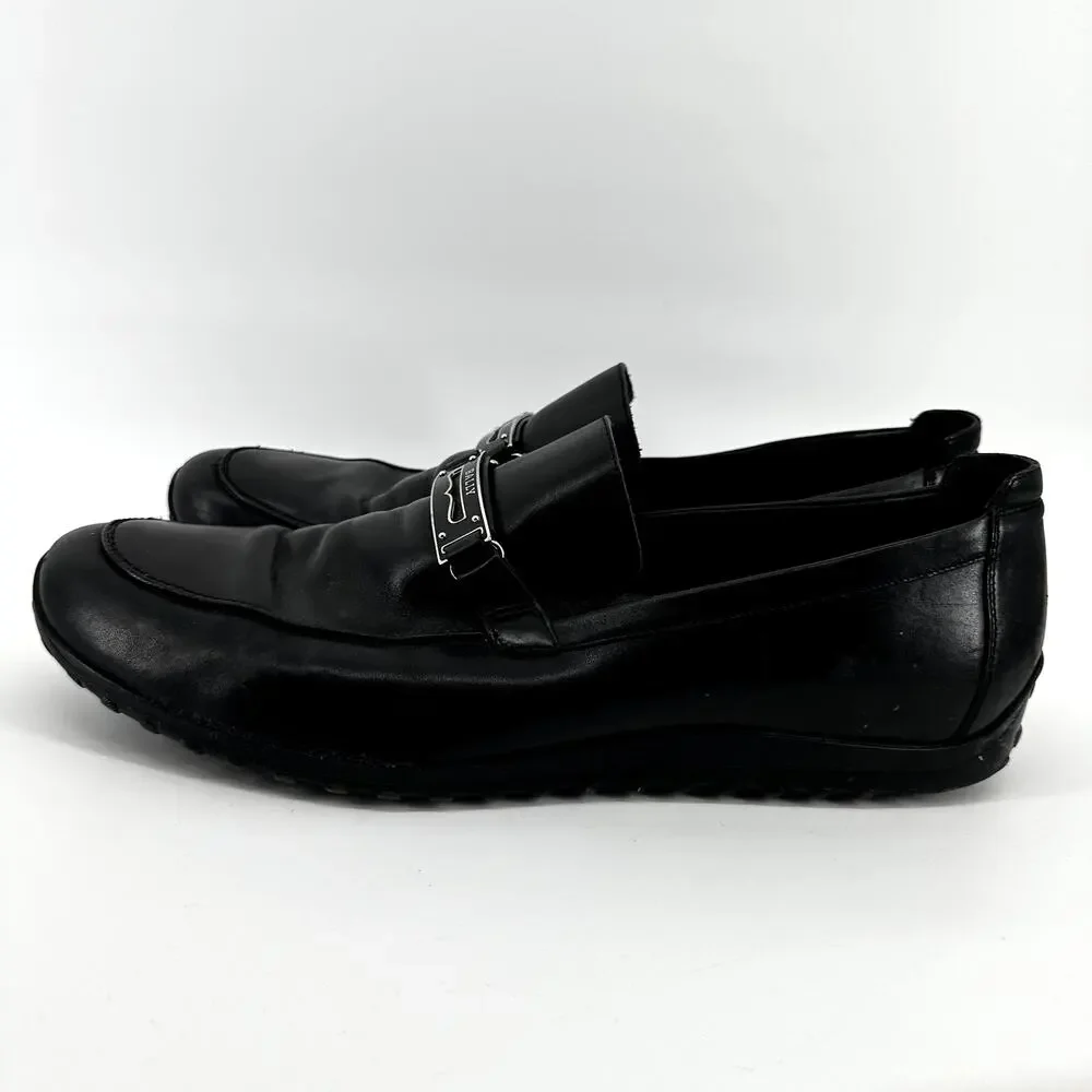 Bally Roquat Logo Plaque Loafers Slip On Almond Toe Classic Leather Black US 12